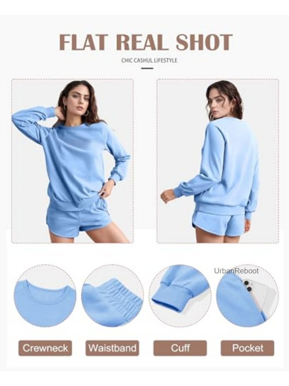 2 Piece Sweatsuit Long Sleeve Pullover & Shorts Set Cotton Lounge Active - Picture 3 of 5